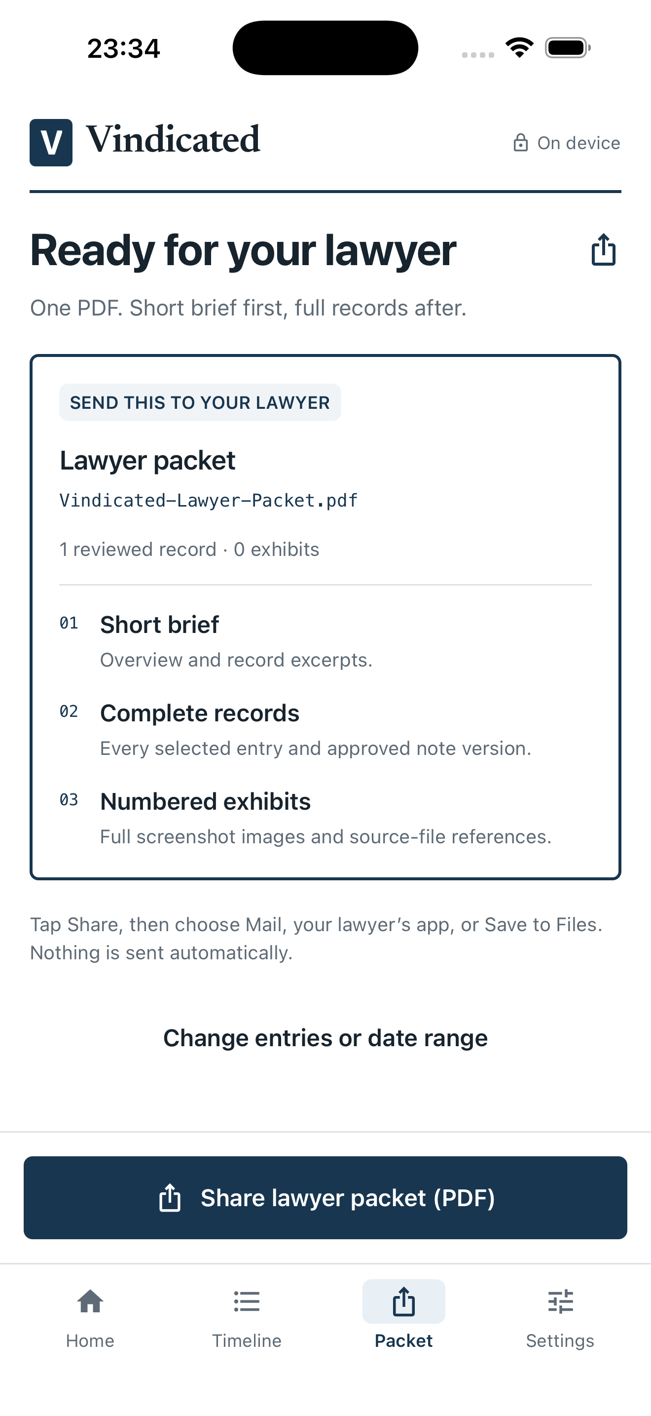 Vindicated export screen identifying Vindicated-Lawyer-Packet.pdf as the file to send, with a short brief, complete records and numbered exhibits.